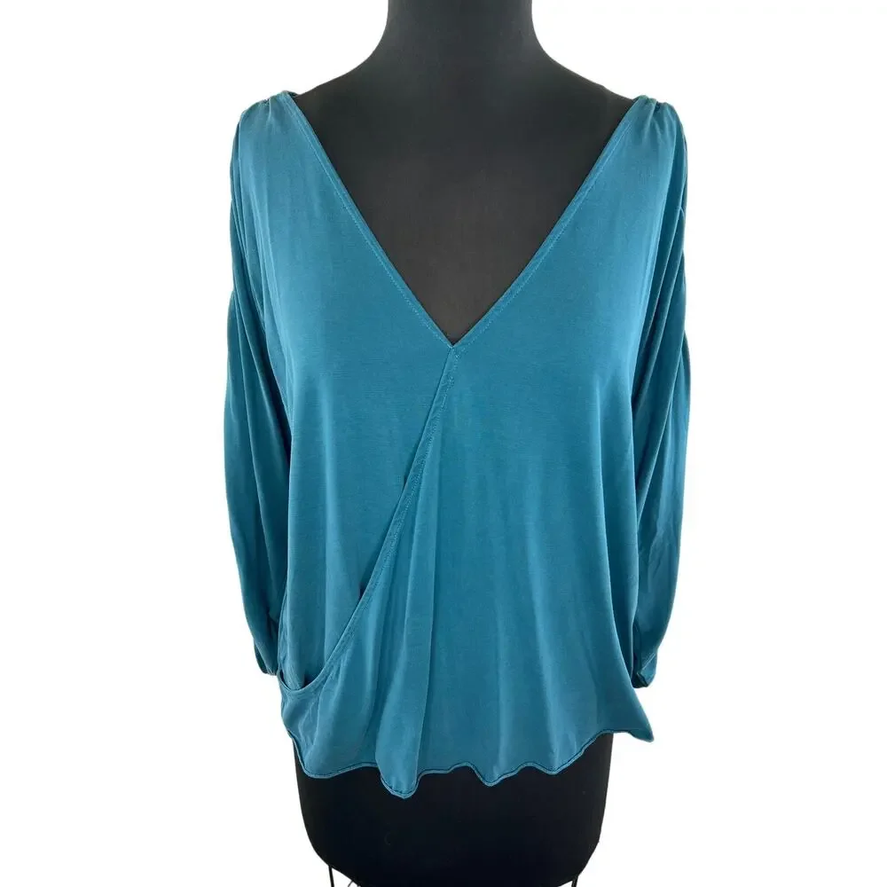 Free People Blue Faux Wrap Long Flowy Sleeve Pullover Women's Top Size S